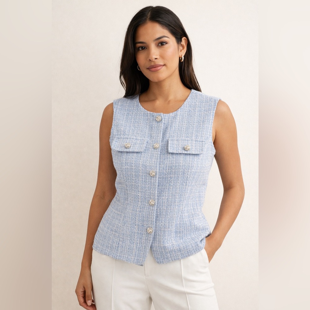 Badgley Mischka Cornflower Blue Tweed Sleeveless vest NWT Size Large